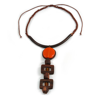 Statement Geometric Brown Wood and Orange Ceramic Bead Cotton Cord Tassel Necklace - 50cm Long/ 16cm Front Drop - main view