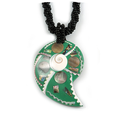 Green Shell Pendant with Twisted Black Glass Necklace - 44cm L Necklace/ 55mm L Pendant - main view