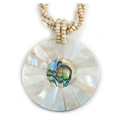 Mother Of Pearl Round Pendant with Twisted Glass Bead Necklace in Antique White - 44cm L/ 50mm Diameter