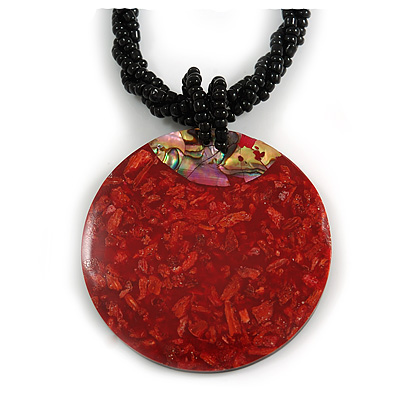 Red Shell Round Pendant with Twisted Black Glass Bead Necklace - 44cm L/ 50mm Diameter - main view