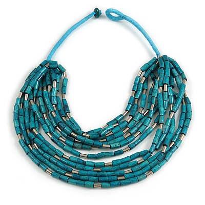 Statement Multistrand Wood Bead Cotton Cord Bib Style Necklace In Teal - 64cm Long - main view