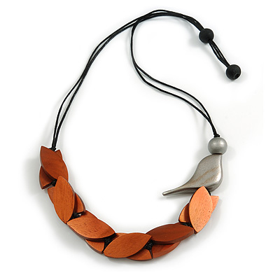 Bronze Brown Wood Leaf with Metallic Silver Wood Bird Black Cotton Cords Necklace - 80cm L Adjustable - main view