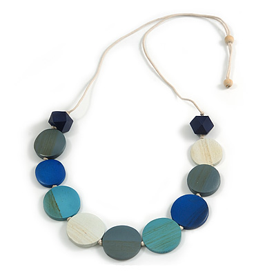 Off White/ Grey/ Teal/ Blue Wood Button Bead Necklace with Black Cotton Cord - Adjustable - 90cm L - main view