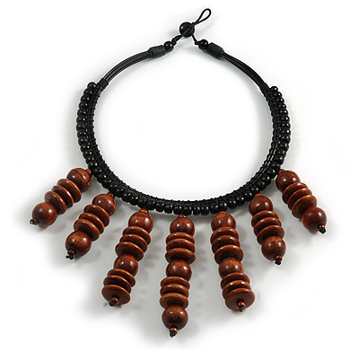 Statement Brown Wood Bead Fringe Bib Style Collar Necklace - 58cm Long/ 12cm Drop