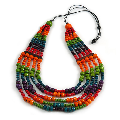 Multistrand Multicoloured Wooden Bead Black Cord Necklace - 100cm L Adjustable - main view