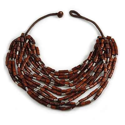 Statement Multistrand Wood Bead Cotton Cord Bib Style Necklace In Brown - 64cm Long