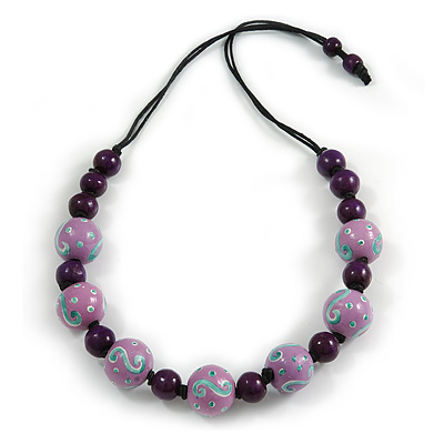 Purple/ Lavender Wood Bead Black Cord Necklace - 74cm Long - main view