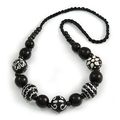 Black Wood Bead with White Floral Motif Black Cotton Cord Necklace - 66cm Long
