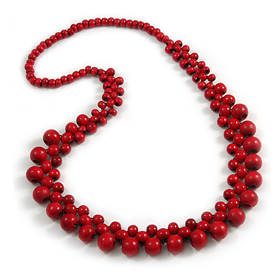 Long Cherry Red Cluster Wood Beaded Necklace - 82cm Long - main view