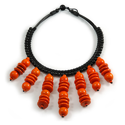 Statement Orange Wood Bead Fringe Bib Style Collar Necklace - 58cm Long/ 12cm Drop