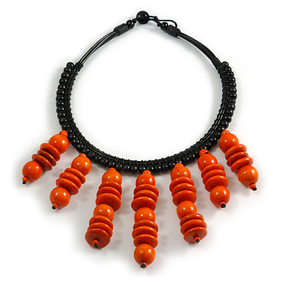 Statement Orange Wood Bead Fringe Bib Style Collar Necklace - 58cm Long/ 12cm Drop - main view