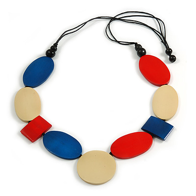 Long Blue/ Red/ Cream Geometric Wood Bead Necklace with Black Cotton Cords - 110cm L - main view