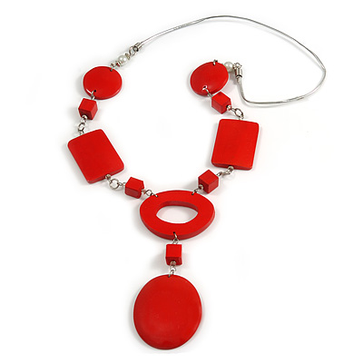 Statement Red Wood Bead Geomentric Silver Cord Necklace - 66cm L/ 13cm Front Drop