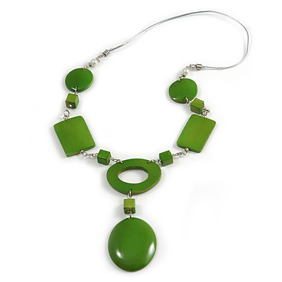 Statement Lime Green Wood Bead Geomentric Silver Cord Necklace - 66cm L/ 13cm Front Drop - main view