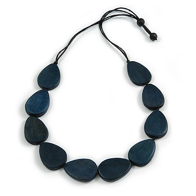 Geometric Dark Blue Wood Bead Black Cord Necklace - 80cm Long Adjustable - main view
