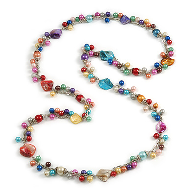 Multicoloured Sea Shell & Imitation Pearl Bead Long Necklace -130cm Long - main view
