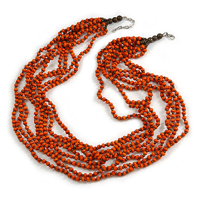 Multistrand Layered Orange Wood, Brown Acrylic Bead Necklace - 74cm L/ 5cm Ext - main view
