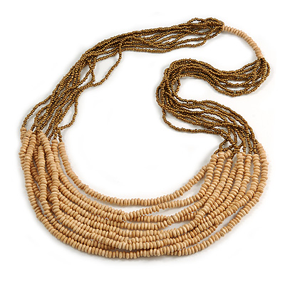 Statement Natural Wood and Bronze Glass Bead Multistrand Necklace - 86cm L - main view