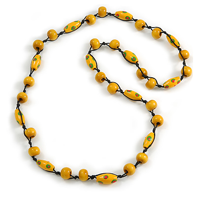 Yellow Wood Bead Black Cotton Cord Necklace - 80cm L - main view
