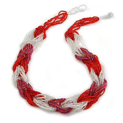 Unique Braided Glass Bead Necklace In Red/ Transparent - 52cm Long