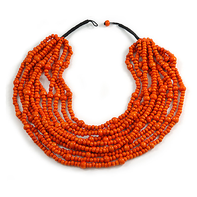 Statement Multistrand Layered Bib Style Wood Bead Necklace In Orange - 50cm Shortest/ 70cm Longest Strand - main view