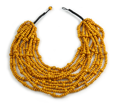 Statement Multistrand Layered Bib Style Wood Bead Necklace In Yellow - 50cm Shortest/ 70cm Longest Strand