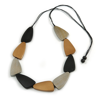 Bronze/ Silver/ Black Geometric Wood Bead White Cotton Cord Long Necklace - 100cm L/ Adjustable