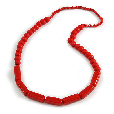 Red Wood and Ceramic Bead Cotton Cord Necklace - 68cm Long - main view