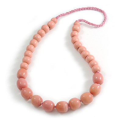 Bubblegum Pink Wood and Ceramic Bead Cotton Cord Necklace - 70cm Long - main view