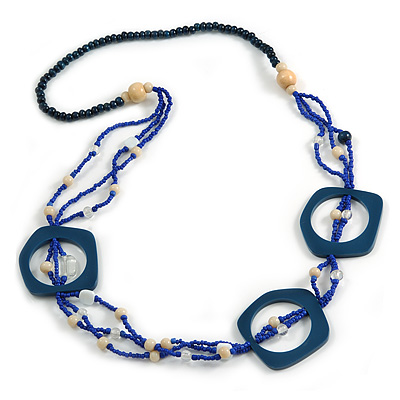 Long Multi-strand Dark Blue/ Electric Blue Ceramic/ Wooden Bead, Acrylic Ring Necklace - 90cm L - main view