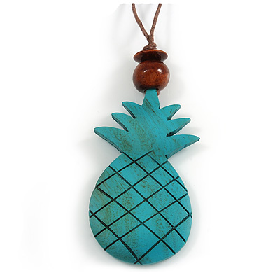 Melange Teal Wood Pineapple Pendant with Brown Cotton Cord Necklace - 96cm Long/ 10cm Front Drop - Adjustable - main view