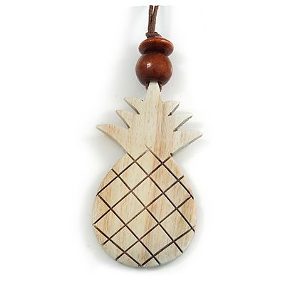 Melange White Wood Pineapple Pendant with Brown Cotton Cord Necklace - 96cm Long/ 10cm Front Drop - Adjustable - main view