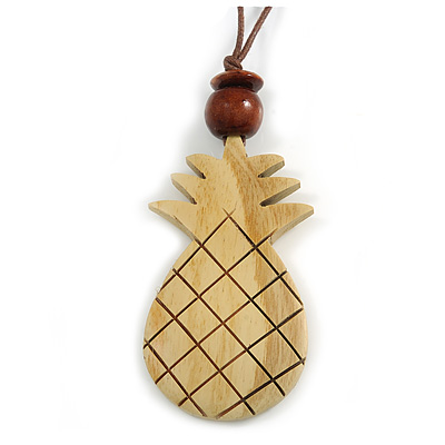 Natural Wood Pineapple Pendant with Brown Cotton Cord Necklace - 96cm Long/ 10cm Front Drop - Adjustable