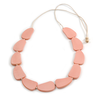 Pastel Pink Geometric Wood Bead White Cotton Cord Long Necklace - 100cm L/ Adjustable