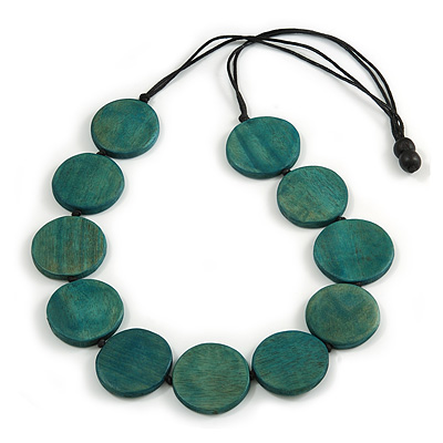 Washed Green Coloured Wood Button Bead Necklace with Black Cotton Cord - 80cm Long Adjustable - main view