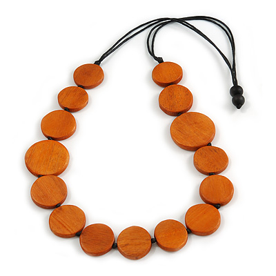 Geometric Washed Orange Coloured Coin Wood Bead Black Cord Necklace - 84cm Long Adjustable - main view