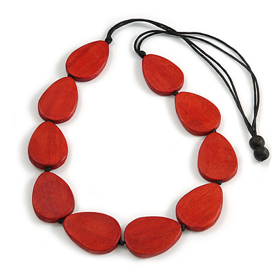 Geometric Red  Wood Bead Black Cord Necklace - 80cm Long Adjustable - main view