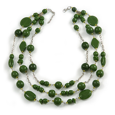 210g Solid 3 Strand Military Green Glass & Ceramic Bead Necklace In Silver Tone - 60cm L/ 5cm - main view