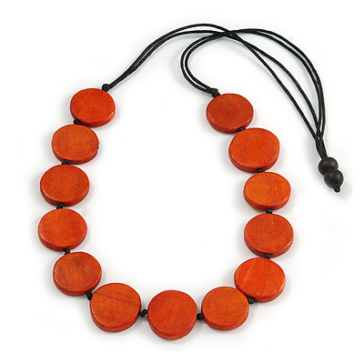 Washed Orange Coloured Wood Button Bead Necklace with Black Cotton Cord - 76cm Long Adjustable - main view