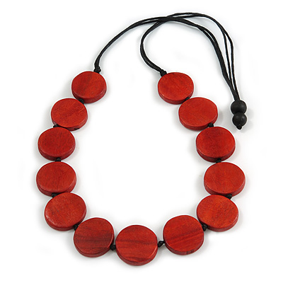 Washed Red Coloured Wood Button Bead Necklace with Black Cotton Cord - 76cm Long Adjustable - main view