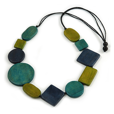 Geometric Wood Bead Black Cotton Cord Necklace in Blue/ Olive/ Teal - 86cm Long - Adjustable - main view