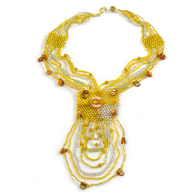 Yellow/ Transparent Glass Bead, Sea Shell Component Tassel Necklace with Button and Loop Closure - 44cm L (Necklace)/ 17cm L (Tassel)