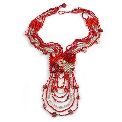 Red/ Transparent Glass Bead, Sea Shell Component Tassel Necklace with Button and Loop Closure - 44cm L (Necklace)/ 17cm L (Tassel) - main view