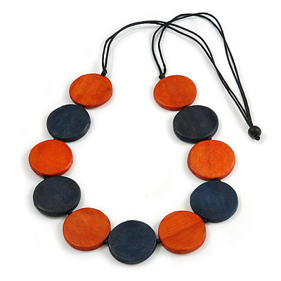 Burnt Orange/ Dark Blue Wood Button Bead Necklace with Black Cotton Cord - 80cm Long Adjustable