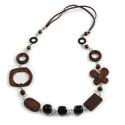Long Wood, Glass, Ceramic Bead Blue Suede Cord Necklace in Brown - 84cm Long