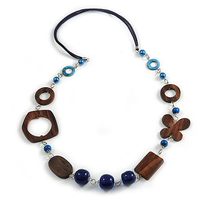 Long Wood, Glass, Ceramic Bead Blue Suede Cord Necklace in Blue/ Brown - 90cm Long