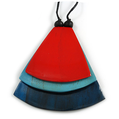 Melange Red/ Blue/ Turquoise Geometric Triangular Wood Pendant with Long Black Cotton Cord Necklace - 9cm L Pendant/ 100cm L/ (max length) - Adjust - main view