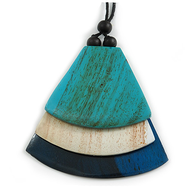 Melange White/ Blue/ Turquoise Geometric Triangular Wood Pendant with Long Black Cotton Cord Necklace - 9cm L Pendant/ 100cm L/ (max length) - Adjust - main view