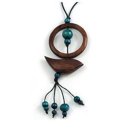 Ring and Bird Wood Bead Pendant with Black Cotton Cord (Brown/ Teal) - 78cm Long/ 15cm Pendant - Adjustable - main view