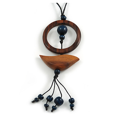 Ring and Bird Wood Bead Pendant with Black Cotton Cord (Brown/ Dark Blue) - 78cm Long/ 15cm Pendant - Adjustable - main view